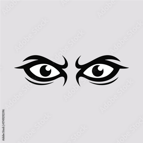 Stylized black eyes with upturned lashes and angled brows on a solid grey background