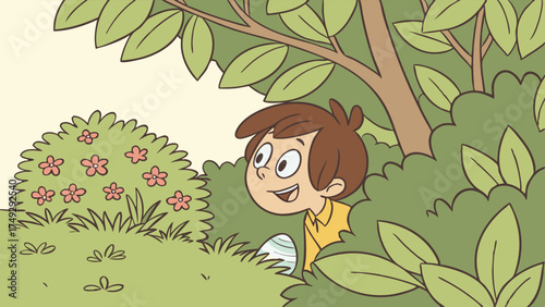 Joyful Boy Hiding in Lush Green Bush, Playful Outdoor Adventure, Childhood Fun, Summer Recreation, Spring Discovery, Nature Exploration, Backyard Hide and Seek, Innocent Wonder, Active Kids