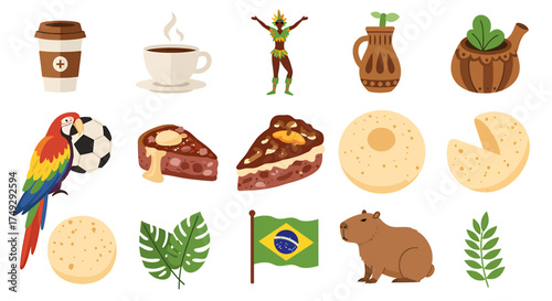 Collection of Brazilian cultural icons featuring food animals and national symbols