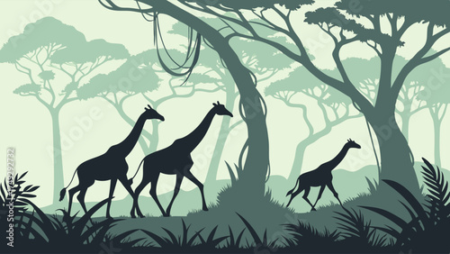 African Savannah Wildlife Safari Adventure Majestic Giraffes Walking Through Lush Green Jungle Forest Tranquil Nature Scene For Travel And Tourism Marketing