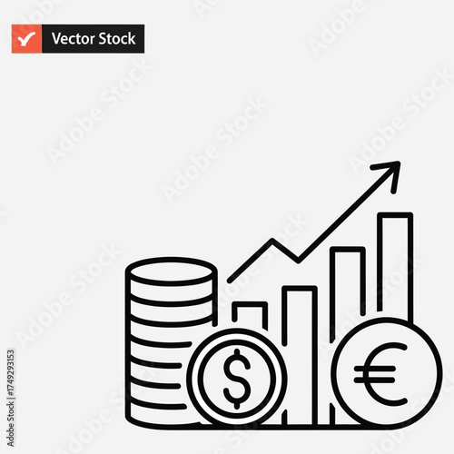 Financial Growth Icon Line art design of increasing stacks of coins, graphs and currency symbols