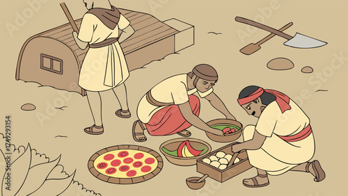 Ancient People Preparing Food Outdoors for Harvest Festival, Community Gathering, Sustainable Living, Rustic Lifestyle, Rural Scene, Warm Summer Day