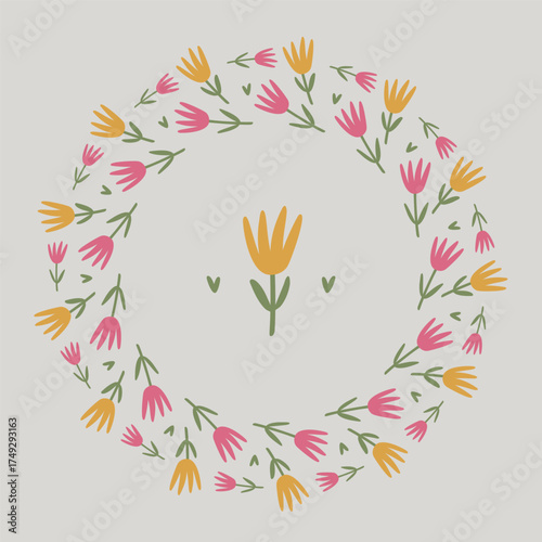 Spring flower circle frame set. Floral circle frame. Hand drawn botanical round border, laurel, wreath with branches, leaves and flowers