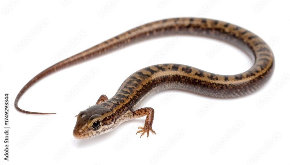 Obraz premium A brown and black lizard with intricate stripe pattern on white