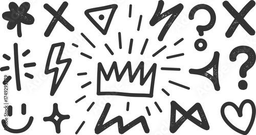 Hand-drawn sketchy icons collection featuring crown smiley symbols and abstract marks