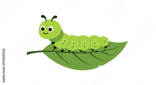 Cute Green Cartoon Caterpillar on a Leaf.