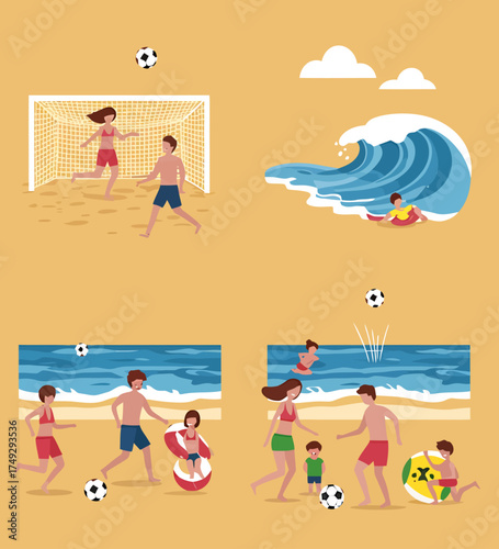 Four scenes of people enjoying various recreational activities on a sandy beach setting