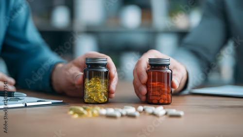 Two hands hold different bottles of pills, comparing yellow softgel capsules and red tablets, symbolizing choice between premium and budget supplements.