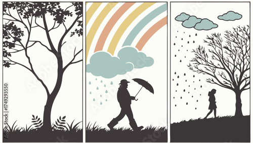Seasons Changing Tree Silhouette with Person Walking in Rain and Rainbow for Weather, Mood, and Life Journey Themes