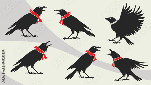 Crows with Red Scarves Gathering for Communication and Collaboration, Symbolizing Teamwork and Strategy for Business Projects and Web Design Inspiration