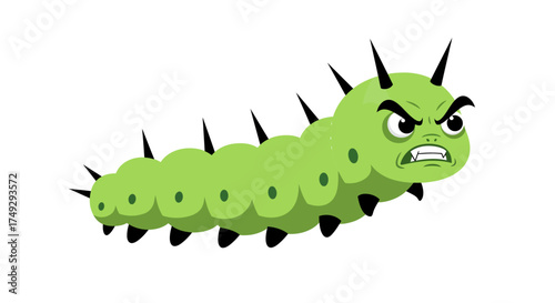 Angry Green Cartoon Caterpillar with Spikes and Spots.