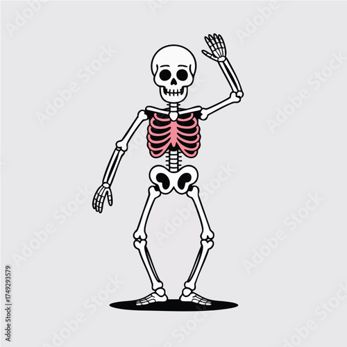 A skeleton figure standing with one arm raised in a wave