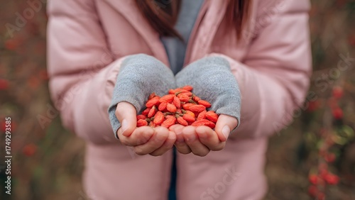 Close-up of a woman's hands, wearing gray gloves, cupped around a pile of freshly picked red Goji berries, a healthy superfood harvest.