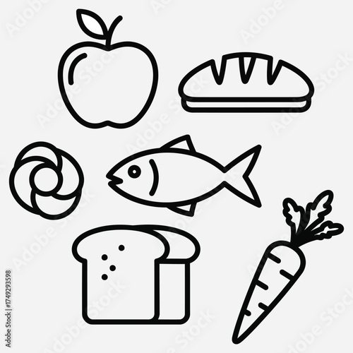 Simple Line Art of Food Items Apple, Bread, Fish, and Carrot Illustration