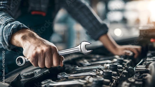 Close-up of a professional mechanic's hand holding a wrench, diligently working on a car engine in a modern, sunlit auto service garage. Focus on repair, maintenance, and technical skill.