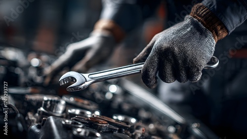 A professional and skilled mechanic's hand, holding a wrench, expertly checks and diagnoses the internal components of a car engine with high precision.