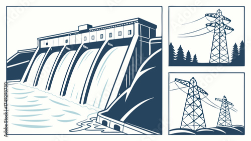 Hydroelectric Dam Power Generation and Electricity Transmission Towers Powering Sustainable Energy for Green Industry and Eco-Friendly Business Growth