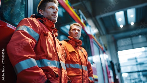Two serious, brave firefighters in protective gear stand ready next to their red fire truck inside the station bay, embodying professionalism and emergency response. 
