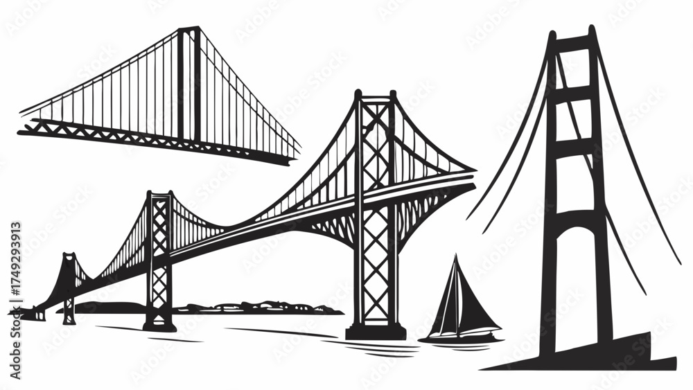 Fototapeta premium Iconic Bridges Silhouette For Architecture, Engineering, Travel, Cityscape, Infrastructure, Transportation, and Urban Design Projects Inspiring Connection and Progress