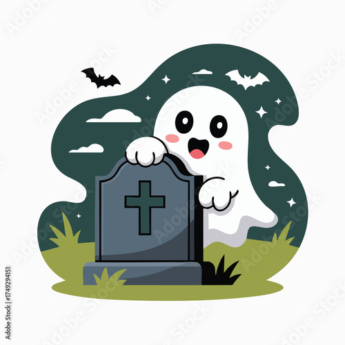 Cartoon ghost with tombstone bats clouds and stars on a green grassy hill