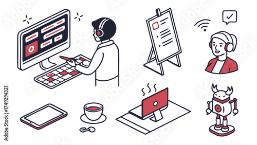 Focused Professional Working Remotely on Computer, Tablet, and Robot Assistant for Digital Marketing and Web Design Projects, Inspiring Productivity and Innovation