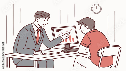 Business Meeting: Manager Explains Growth Chart to Employee, Inspiring Teamwork and Success in Modern Office Workspace for Financial Analysis and Corporate Development