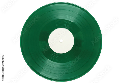 Green vinyl record isolated, music album disc for DJ turntable and vintage audio equipment