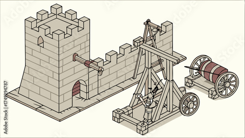 Medieval Siege Warfare: Catapult and Cannon Attack Castle Walls for Historical Reenactments, Educational Content, Gaming Assets, and Fantasy Art Projects
