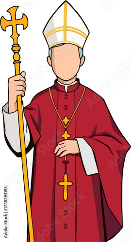 Stylized Cartoon Bishop Vector Illustration in Red Vestments with Mitre and Golden Crosier – Church Leader Character