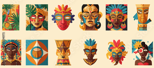 Twelve vibrant flatstyle illustrations of African tribal and carnival masks and faces