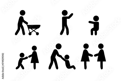 Stick figures showing family activities