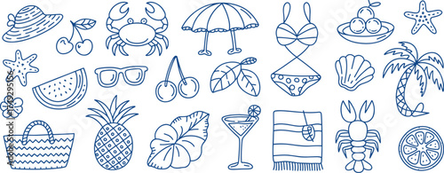 Charming summer vacation icons collection pineapple sunglasses bikini beach umbrella martini tropical