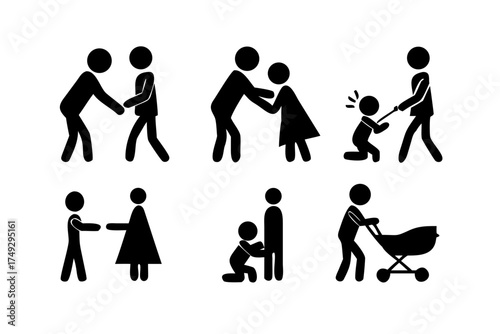 Stick figures depicting family interactions