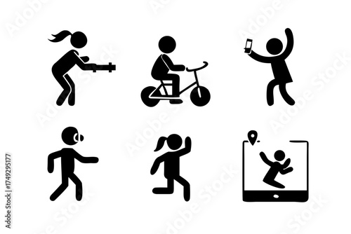 Stick figures depicting various activities