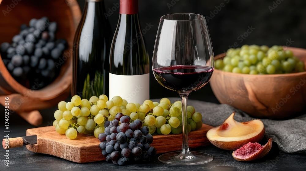 Fototapeta premium Elegant Wine Still Life with Red and Green Grapes, Wine Bottle, and Glass on Wooden Cutting Board, Wine Tasting, Vineyard Harvest
