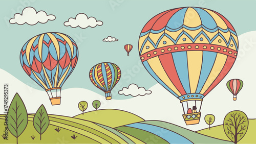Colorful Hot Air Balloons Flying Over Rolling Green Landscape Adventure Travel Illustration