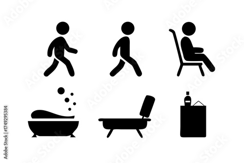 Pictogram set featuring relaxation, including walking, sitting, and bathing