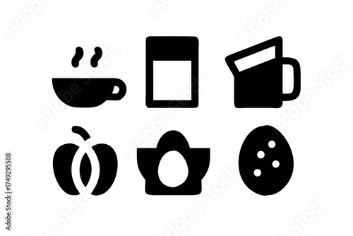 Illustration of a cup of coffee, milk, juice, pepper, egg and melon