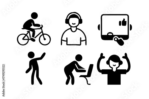 Icons representing people using technology and engaging in activities