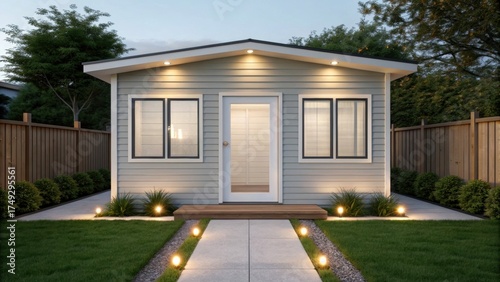 Accessory Dwelling Unit Modern house exterior with illuminated pathway and landscaped garden, showcasing a welcoming entrance.