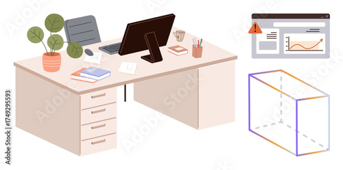 Modern desk setup with computer, potted plant, and office supplies, accompanied by a performance graph on a web page and 3D shape diagram. Ideal for productivity, business, design, education, data