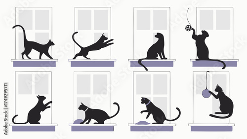 Playful Black Cats in Windows, Engaging in Fun Activities, Perfect for Pet Lovers, Websites, and Whimsical Designs, Bringing Joy and Charm