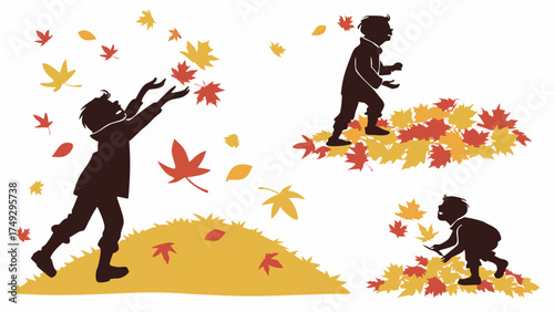 Autumn Fun Children Playing in Leaf Piles, Joyful Outdoor Activity for Fall Season Marketing, Web Design, and Family Lifestyle Content