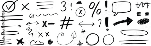 Hand drawn doodle elements checkmark arrows symbols and shapes set for design notes