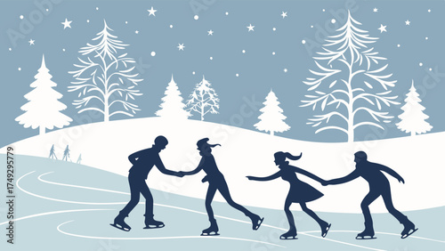Friends Ice Skating Together in Snowy Winter Landscape, Celebrating Holiday Fun and Outdoor Recreation for Family, Couples, and Social Gatherings