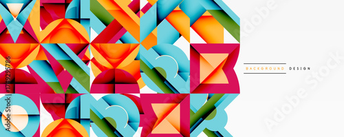 Abstract geometric pattern. Colorful triangles, squares create modern design. Bright hues, clean lines offer visual interest.