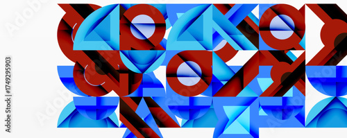 Abstract geometric shapes, red and blue hues dominate. Complex composition, modern design, vibrant colors, intriguing patterns.