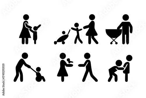 Black and white illustration of parents and children