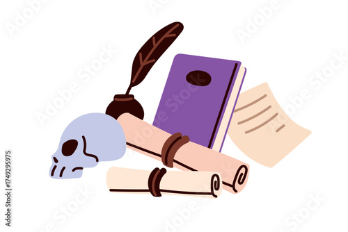 Skull, quill, historic academic book, old paper scrolls, manuscripts, parchment, notes. Archeology, anthropology, history study and education. Flat vector illustration isolated on white background