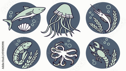 Ocean Life Icons for Marine Biology Websites, Seafood Menus, and Aquatic Educational Materials, Evoking Wonder and Discovery for Families and Students